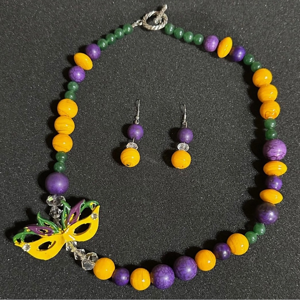 Vintage Glass Mardi Gras Necklace and Earring Set